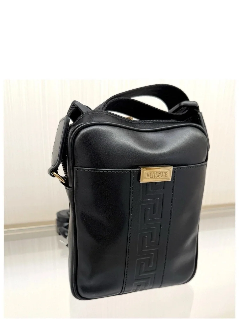 Versace Black Leather Messenger Crossbody with Gold Plaque